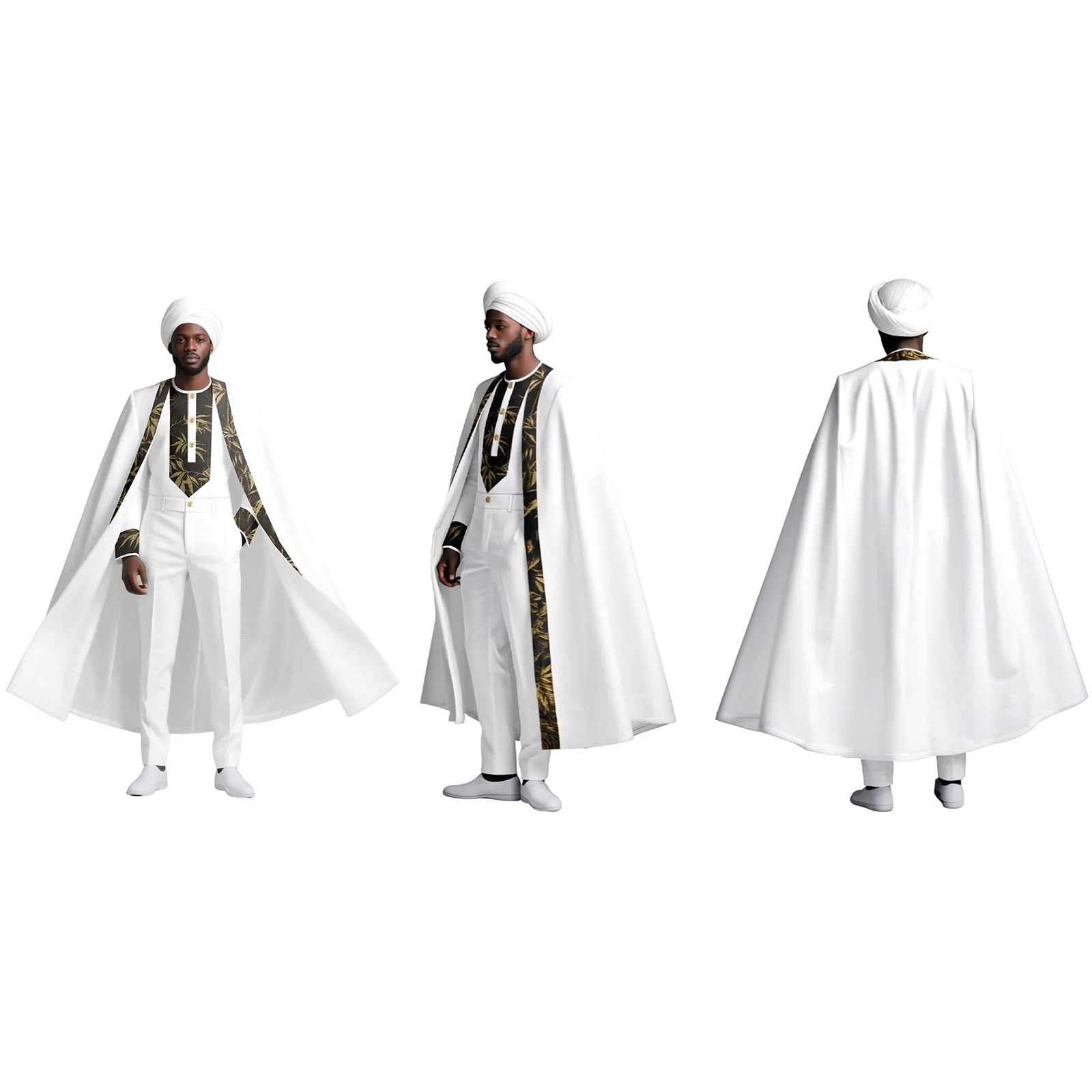 بدلة زفاف أفريقية مكونة من 4 قطع للرجال من DBQ مع عباءة طويلة وسترة واحدة الصدر وسراويل ضيقة وقبعة - ملابس رجالية تقليدية عرقية #4