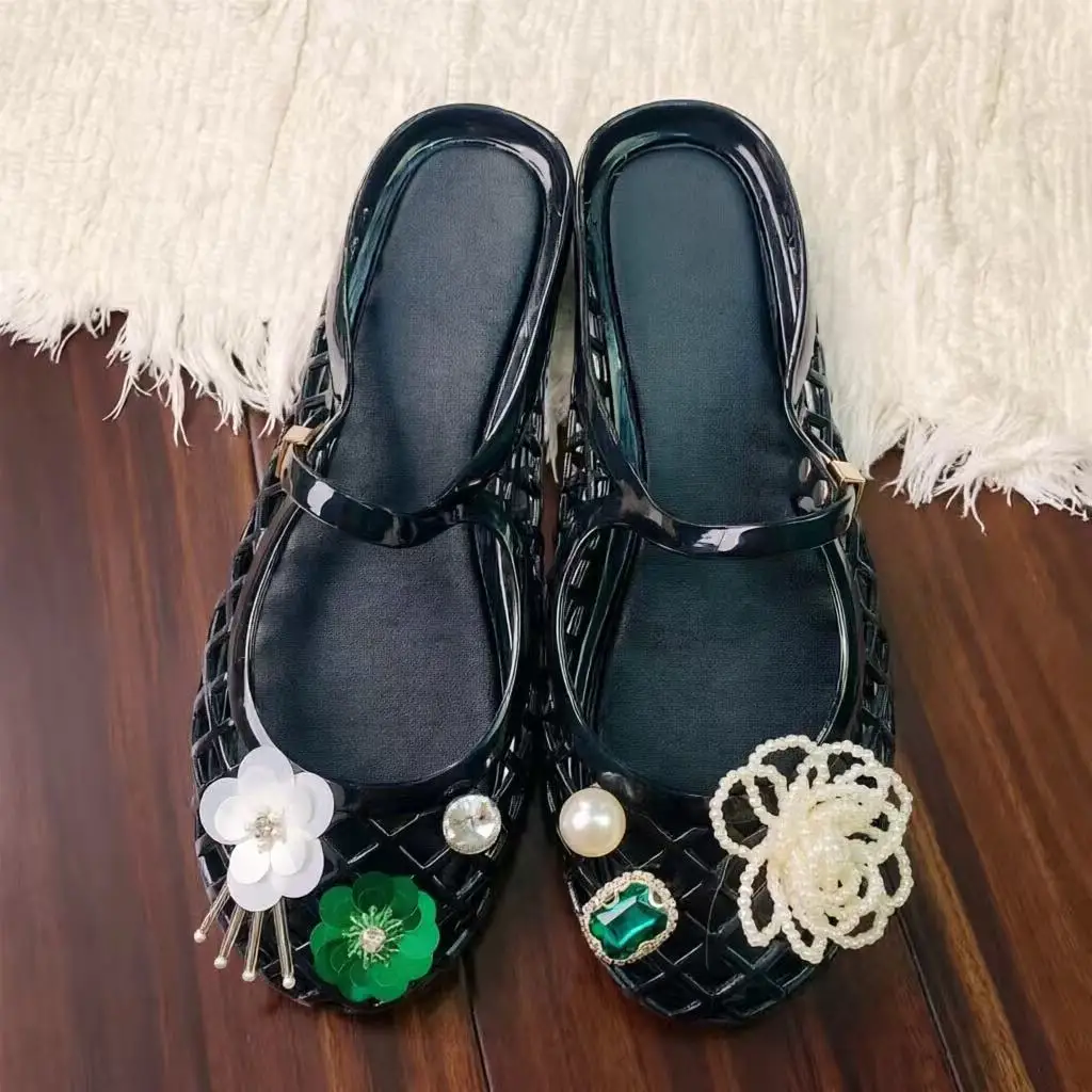 Korean-Style Crystal Shoes, French Retro Floral Pearl Jelly Sandals, Women's Mary Jane Hollow-Out Slippers, Handmade Three-Dimensional Flower Flat Waterproof Non-Slip Fairy Shoes