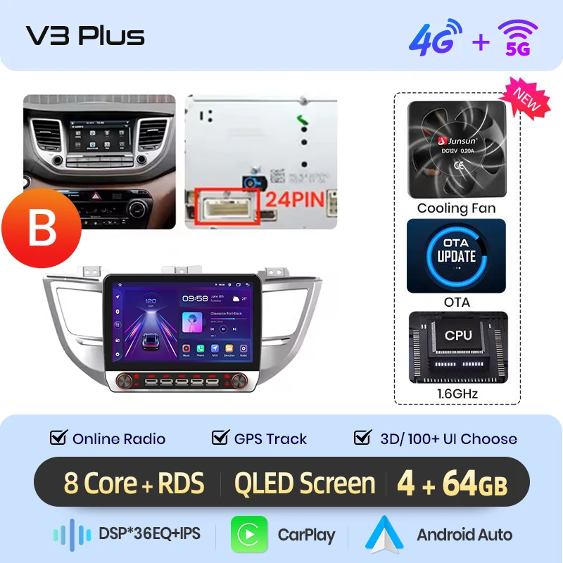 Junsun 13.1″ QLED draadloze CarPlay Android Auto autoradio voor Hyundai Tucson 3 2015-2018 Intelligente systemen DSP SWC RDS GPS FM
