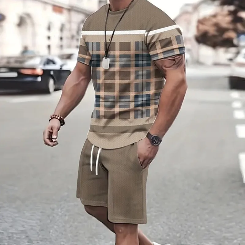 Roupa esportiva de manga curta estampada masculina, shorts casuais ao ar livre, absorvente de suor, confortável, verão, 2 conjuntos, 2024