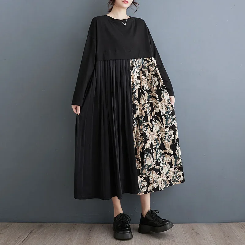 Patchwork Floral Finesse Women Midi Dress Elegance Blossom Lone Sleeves Girls Dress