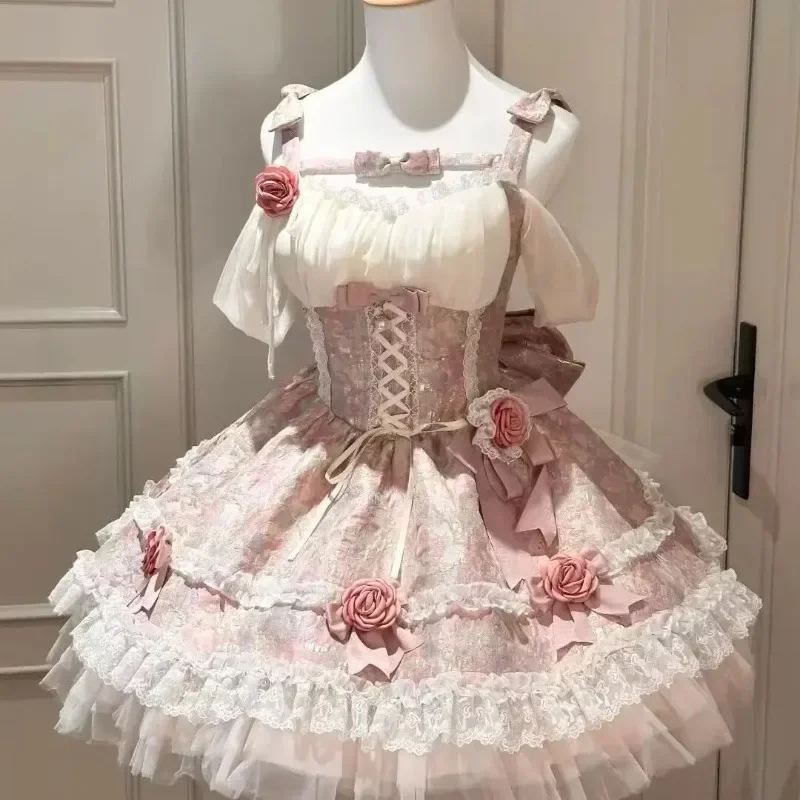 2025 French Summer Sweet Y2k Fairy Lolita Dress Women Long Sleeve Lace Mini Dress Vintage Kawaii Clothes One Piece Dress Korean