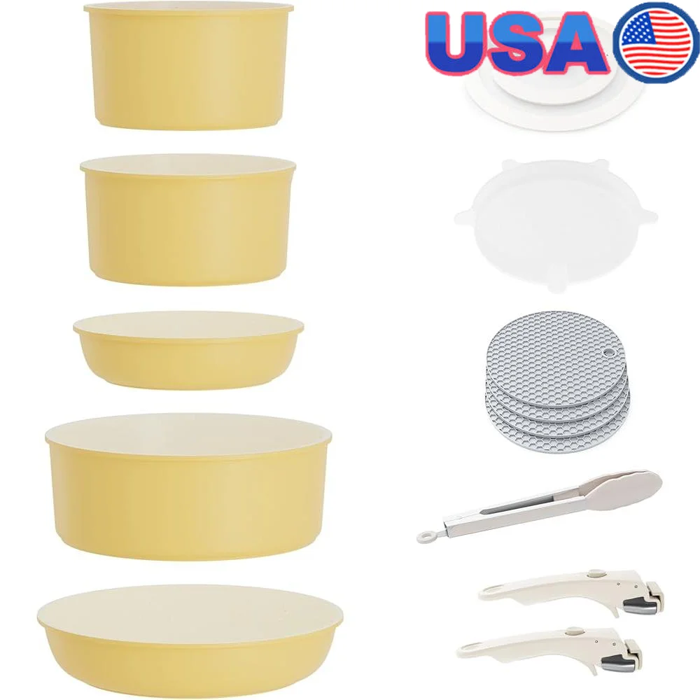 

16pcs Nonstick Cookware Set Stackable Pots and Pans Detachable Handle Induction Compatible Granite Coating Kitchen Cooking