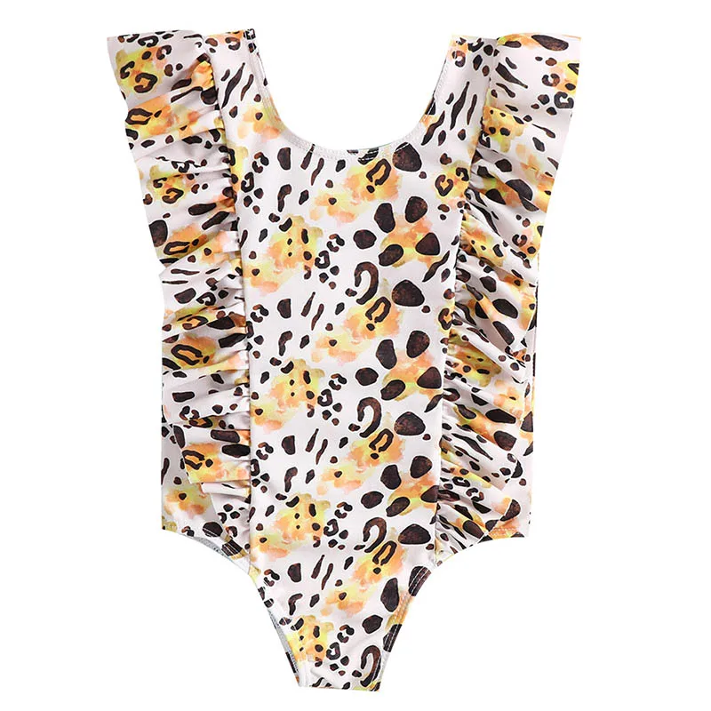 

Цельный купальник для маленьких девочек, бикини с оборками 1, 2 года, купальник с защитой от ультрафиолета, леопардовая пляжная одежда для младенцев, детский купальный костюм