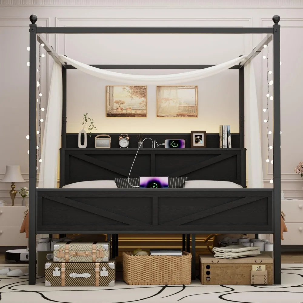 King Size Canopy Bed Frame with Barn Door Storage Headboard Black