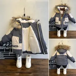 Winter Boys Coat 2023 New Baby Fur Collar Hooded Cotton Plus Velvet Thicken Warm Jacket For Children's Coat For Boys 2-8Years