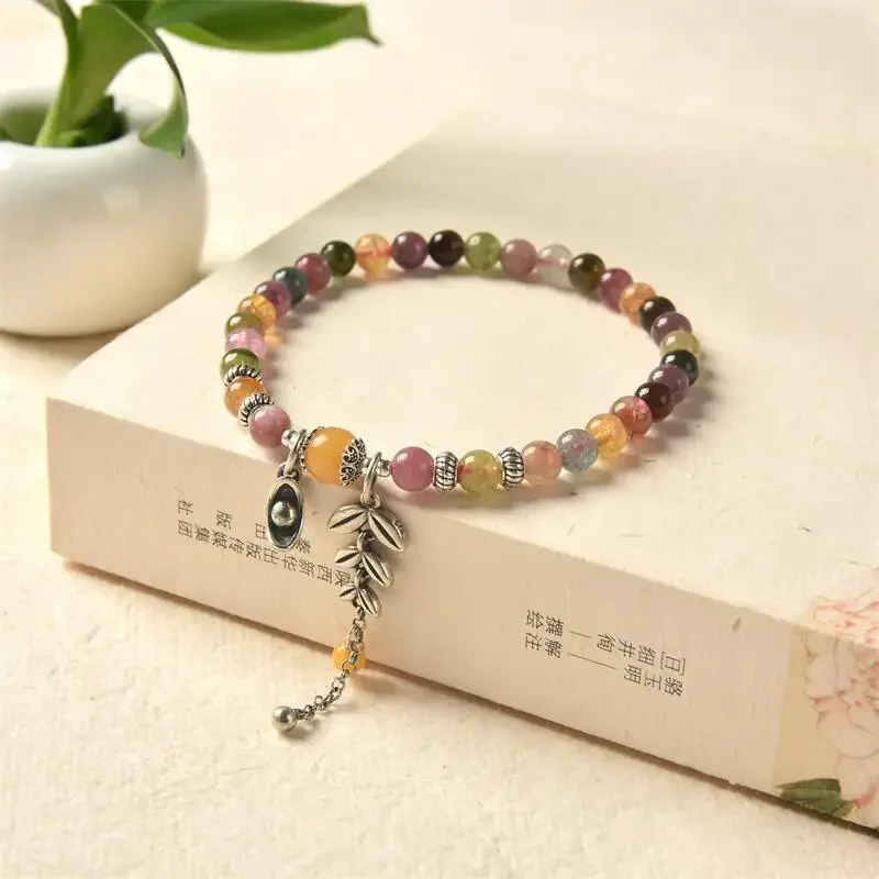 Ethnic Natural Colorful Tourmaline Single Loop Bracelet For Women 925 Sterling Silver Wheat Charms Bracelet Hand Jewelry SL067