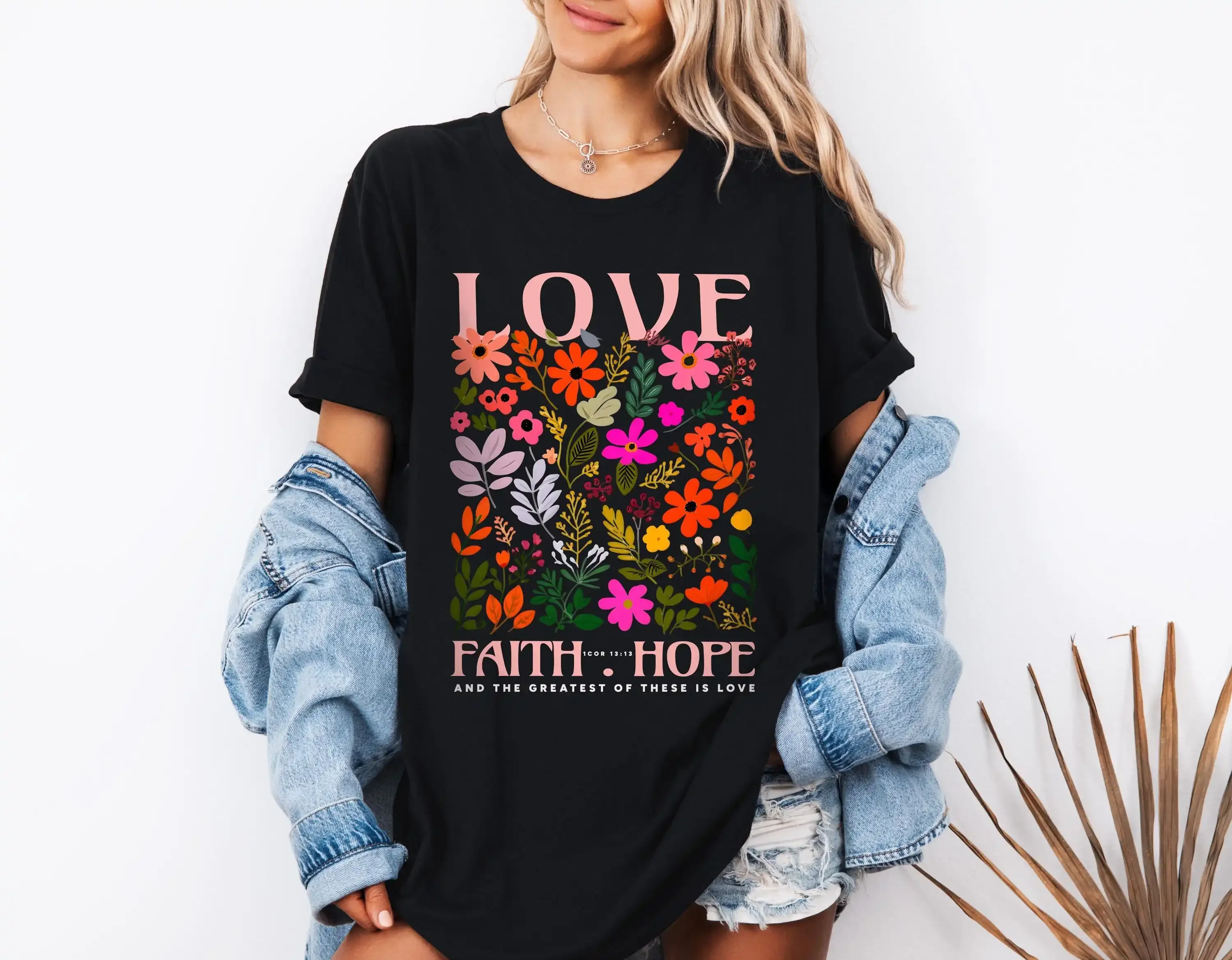 Faith Hope and Love Bible Verse T shirt Quote Christian Boho Jesus Motivational Flower Catholic present