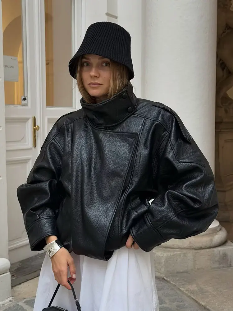 HH Autumn Women Faux Leather Jacket Turtleneck Long Sleeve Zipper Coat Winter Woman Vintage Motorcycle Leather Jackets Outerwear