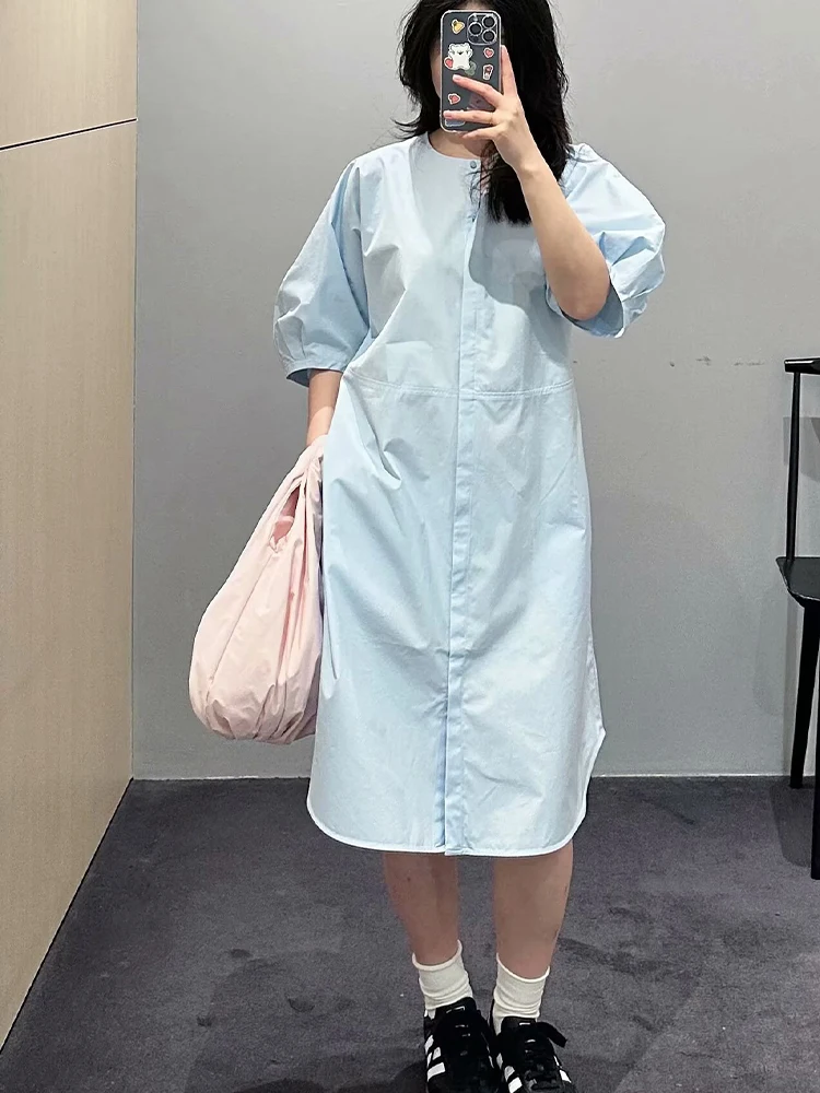 

2025 Summer New Women's Wear European and American Style Simple Commuter Style Round Neck Shirt Style Short Sleeve Dress