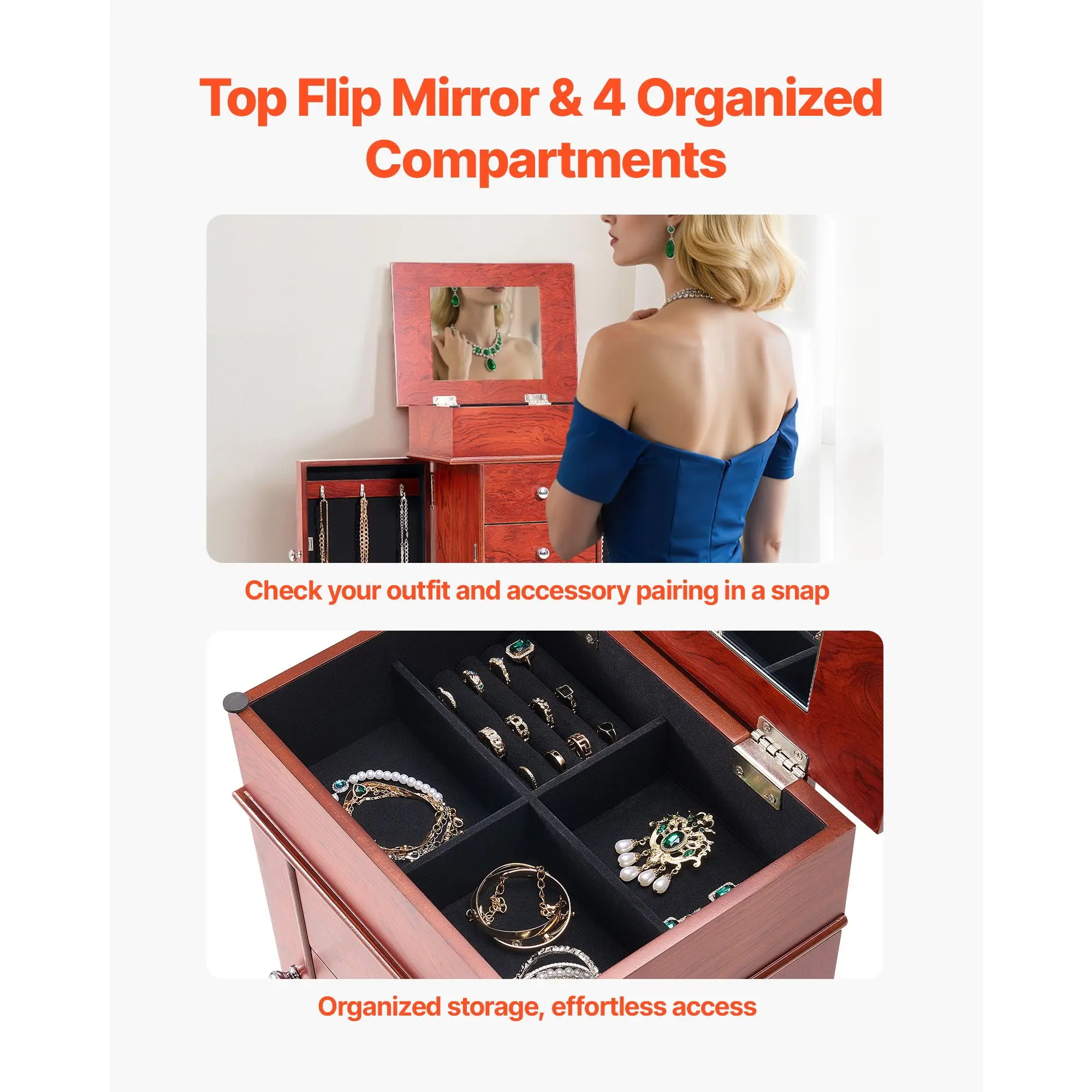 Jewelry Cabinet Armoire, Standing Wood Storage Chest with 3 Drawers, Flip Top Mirror, 4 Compartments, Zinc Alloy Handles, 2 Side