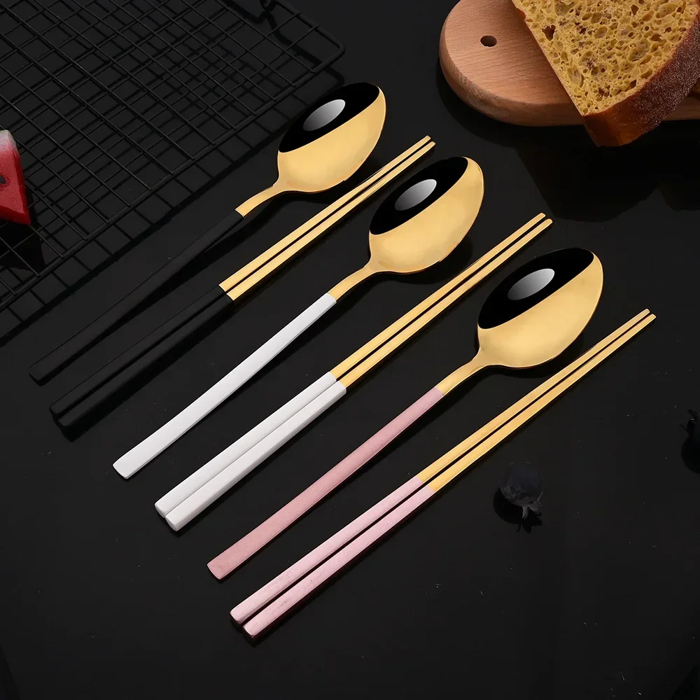 Black Gold Stainless Steel Cutlery Set 4Pairs Chopsticks 4Pcs Spoons Kitchen Festival Tableware Gift Reusable Durable Flatware