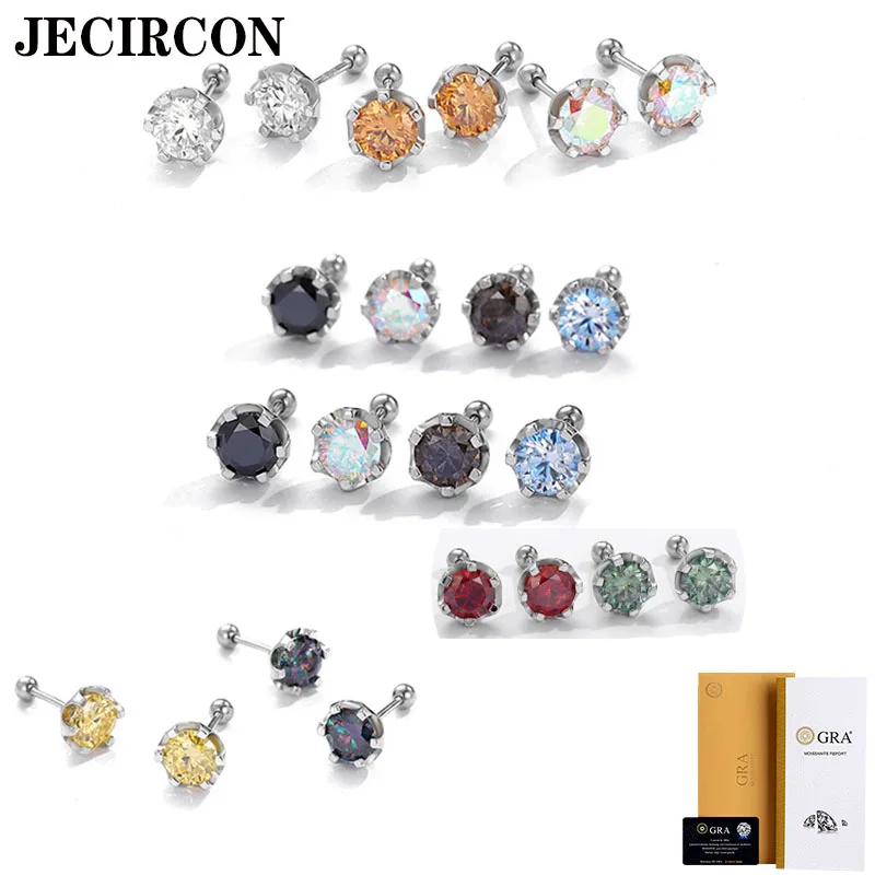 

JECIRCON Round 0.3ct/0.5ct/1ct/2ct Moissanite Stud Earrings for Women 925 Silver Screw Type Jewelry Multi-Color Diamond Optional