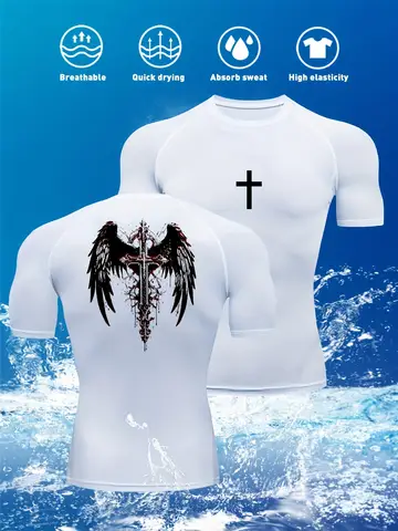 Herrtopp med polotröja och tryck för sommarträning, gotiskt tryck, snabbtorkande t-shirt, andningsbar, komprimerad t-shirt 8 best sales kompressionströja med polotröja - №6