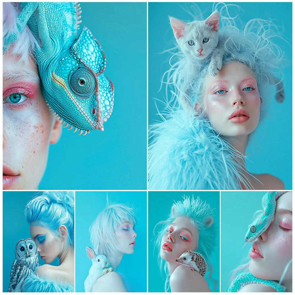 

Blue Portrait with Cat Girl Woman Modern Poster Wall Art Canvas Painting Home Decor Wall Pictures For Living Room Unframed