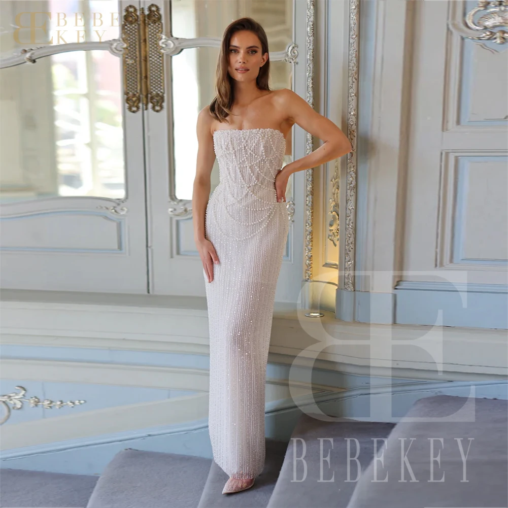 BEBEKEY فستان زفاف بعمود مطرز بالترتر اللامع فستان رسمي لحفلات الزفاف الفاخرة فستان زفاف مخصص