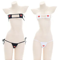 Sexy Bikini Lingerie Cosplay Lolita Kawaii Heart Print Bandage Anime Cosplay Mini Costume Bra Underwear Swimwear Black White