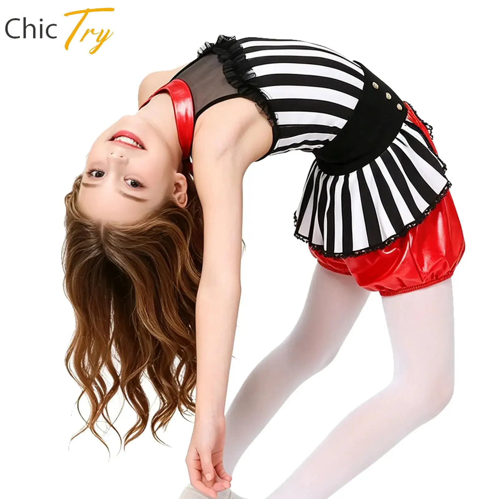 

Kids Girls Ballet Performance Tutu Dresses Circus Ringmaster Costume Patchwork Waist Overlay Gymnastics Bodysuit Latin Clothes