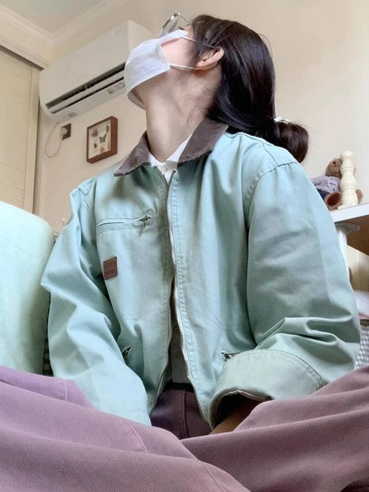 

Vintage Harlestone Jaet Men's American Retro Workwear Coat Spring Autumn Loose Fit Sewn Line Iron Free Pure Color Zipper