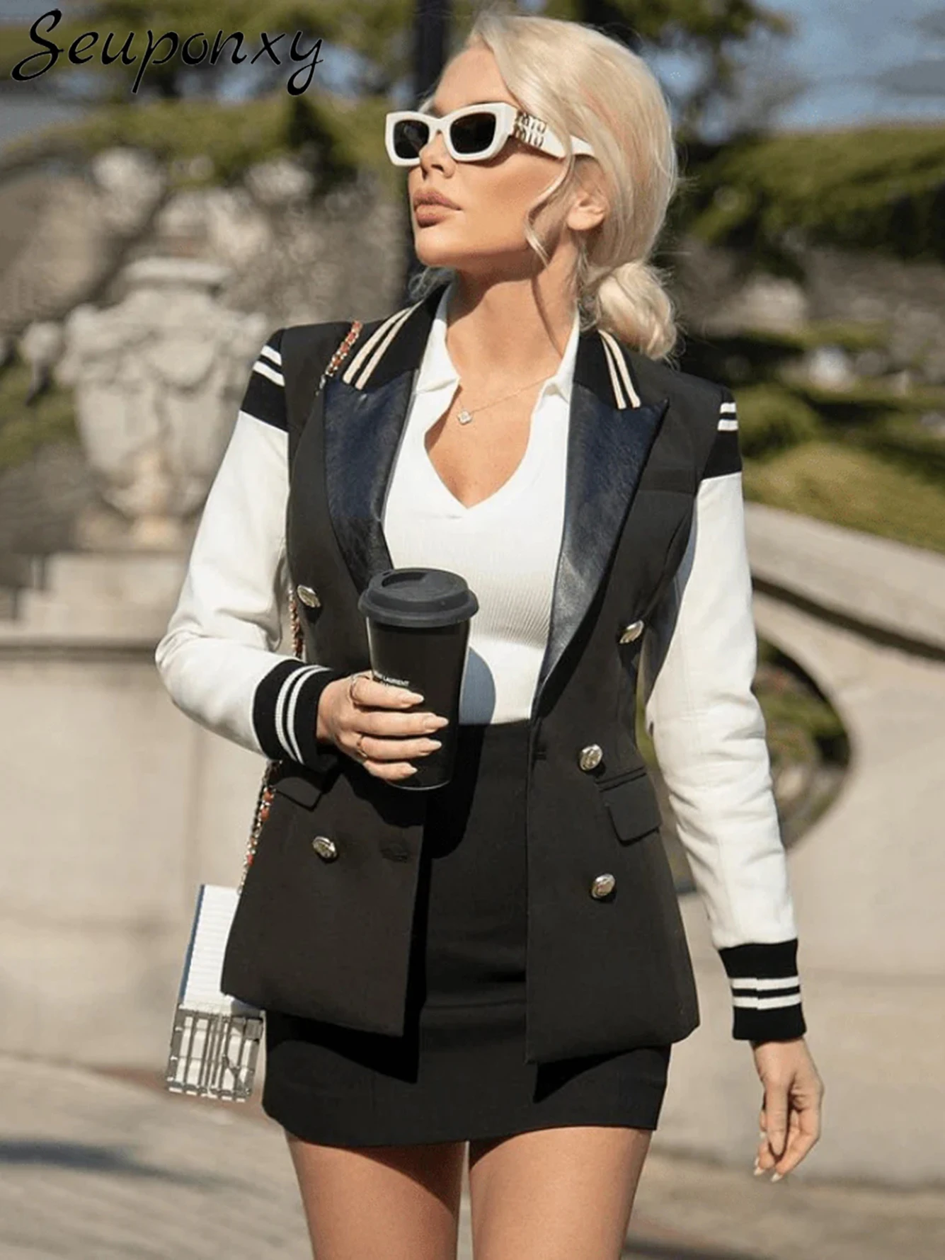

High Quality Women'S 2023 New Fashion Black Blazer Sexy Lapel Leather Long-Sleeve Patchwork Double-Breasted High Street Blazer