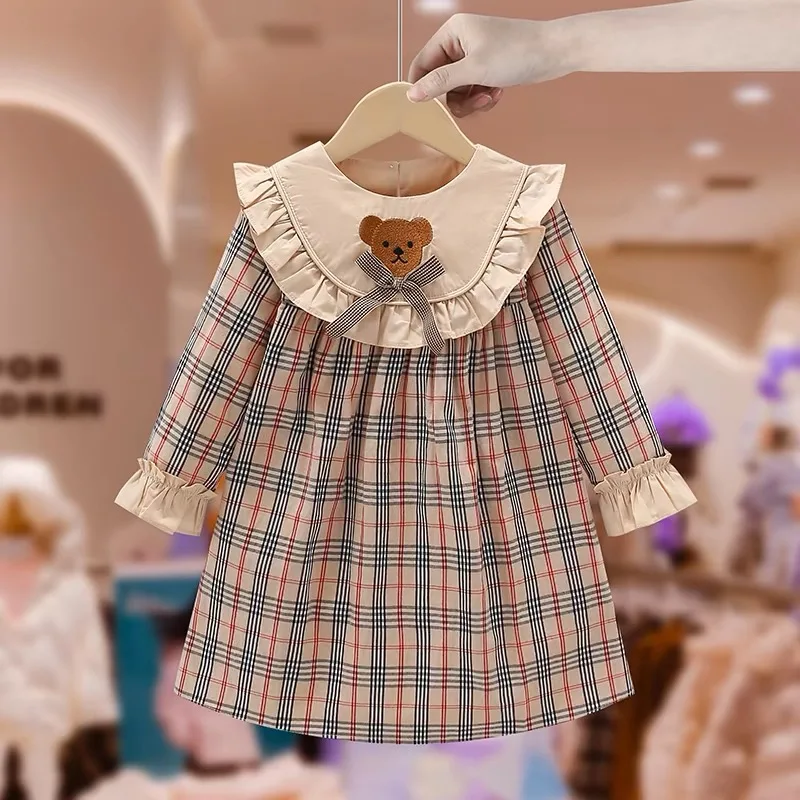 

New Girls Dress Spring Autumn Long Sleeve Lapel Embroidered Grid Princess Kids Clothes Fashion Korean Children Dresses 2-8Y