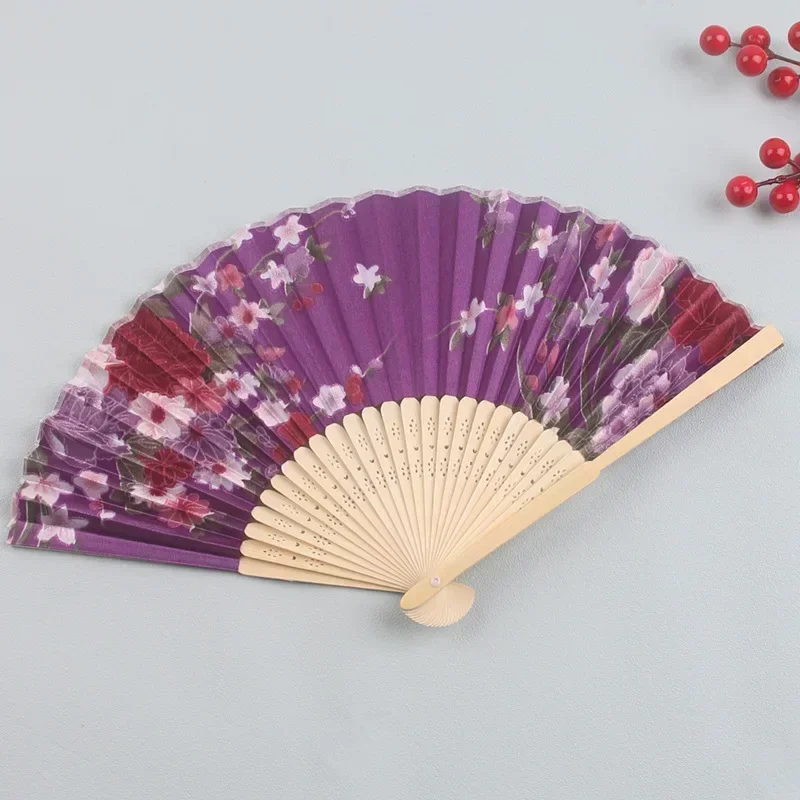 Chinese Vintage Cloth Fans Flower Patterns Wooden Handle Folding Fan Classical Dance Party Performance Tool Gift Decorations