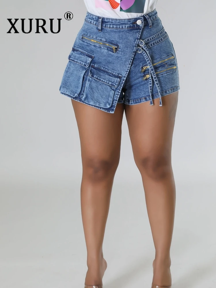 

XURU-Multi-pocket Cargo Denim Shorts for Women, Elastic Irregular Booty Jeans, Street Fashion, Y2K, Summer, 2024