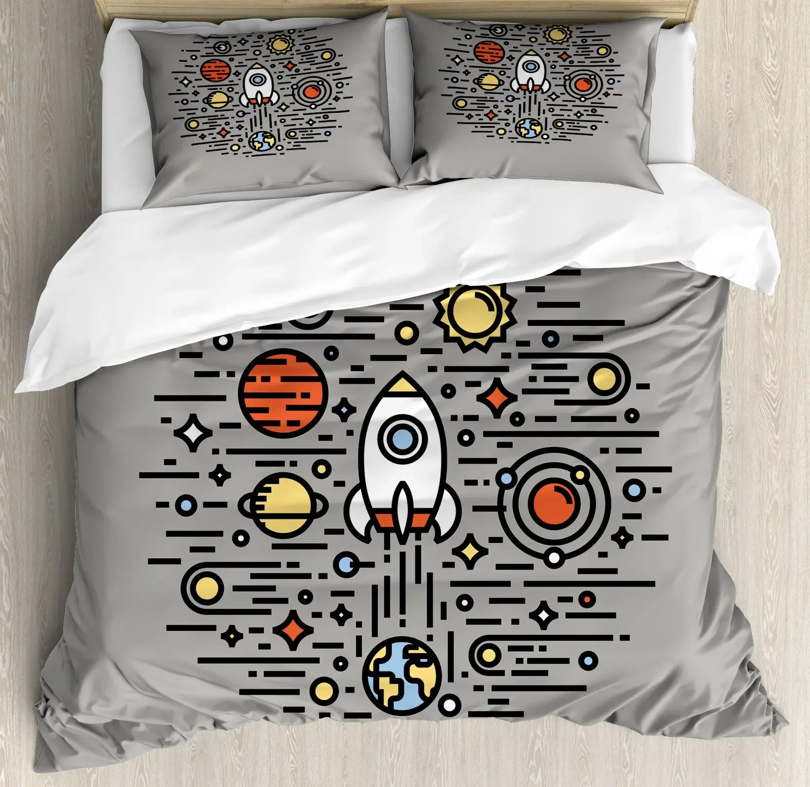 Art Duvet Cover Dimgray Science Fiction Space Themed Minimalist Illustration with Stars Planets and Rocket for Room Decorative