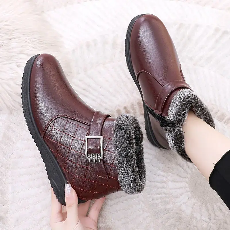 black flats winter boots for women orthopedic ankle boot waterproof leather shoes woman warm wedge boots  fur casual booties