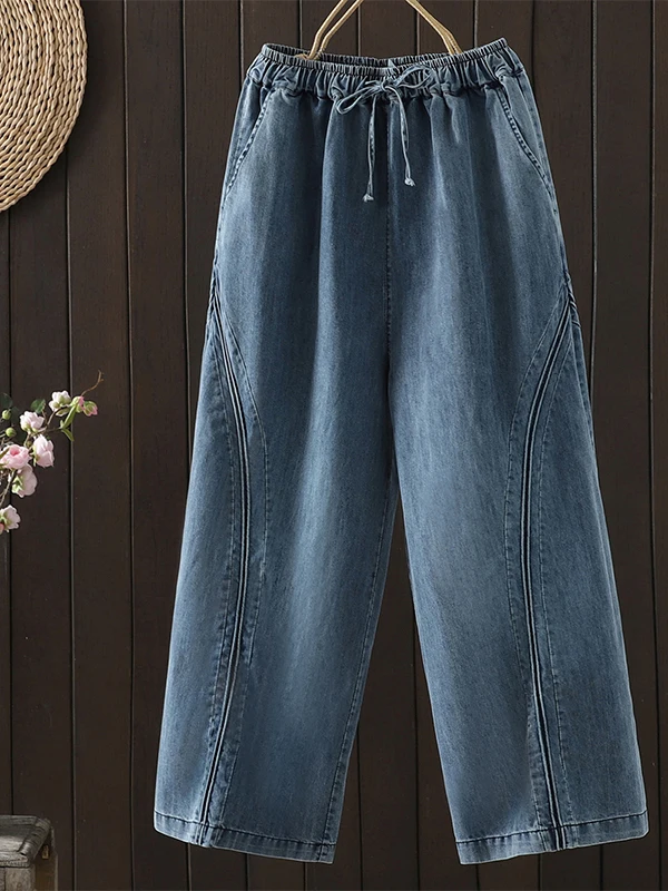 

Authentic Summer Thin Loose Fashionable Spliced Versatile Retro Straight Leg Women's Jeans Natural Waist Cotton Blend Blue