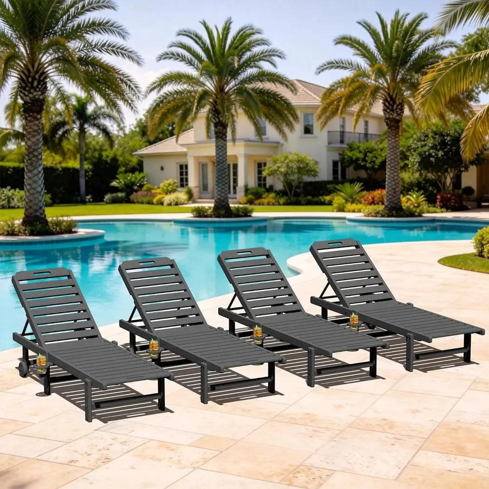 

4-Piece Patio Lounge Chair Set with 5-Position Reclining, HDPE Material, Rolling Wheels & Cup Holder, Ideal for Poolside, Beach,