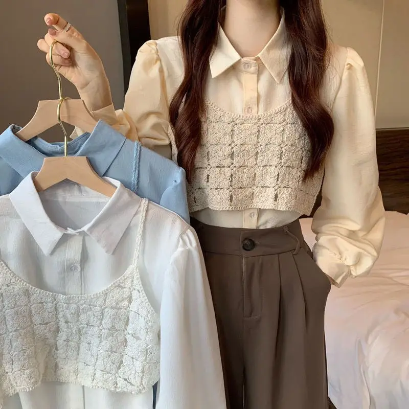 Spring Woman Clothing Hook Flower College Style Top Pleated Chiffon Shirt Leisure Loose Sweet Refreshing Youth All-match Niche