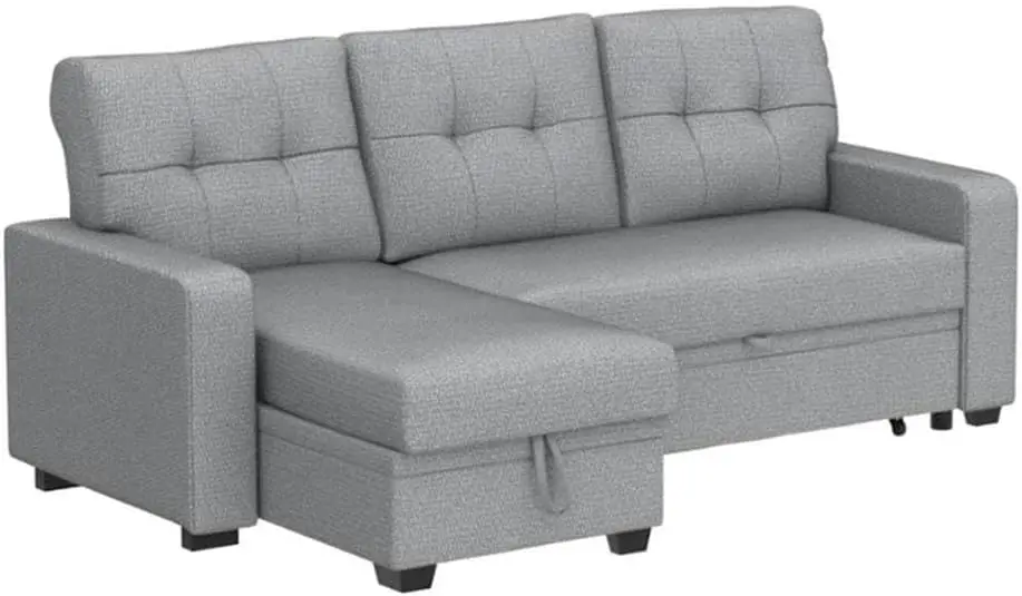 L-Shaped Polyester Fabric Reversible, Easy Convertible Pull-Out Sleeper Sectional Sofa/Storage Chaise with Tufted Back Cushions