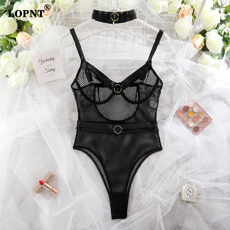 Lopnt One-piece Lingerie Push Up Bra Mesh Transparent Sexy Underwear Metal Neck Collar Slim Deep V Bodysuit Sexy Women Jumpsuit