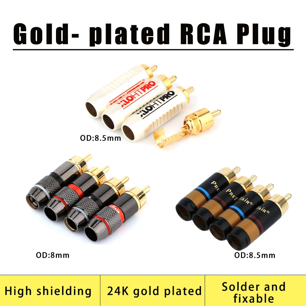 4PCS RCA Plug Luxury Copper Male Connector Gold Plated Soldering Plug Speaker Cable Wire Connector for 6/8mm cable Adapter