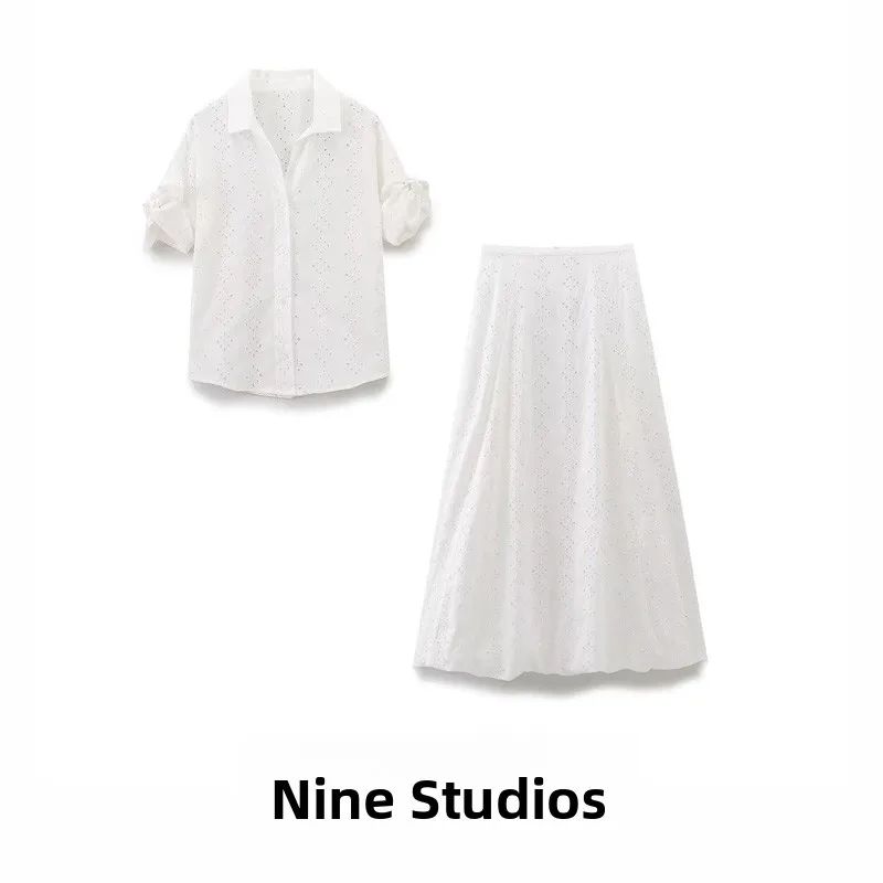 

NINE ZA New Women's Embroidered Hollow out irt ort Sve Puffy Skirt Two Piece Set Spring 2025 Collar Button up