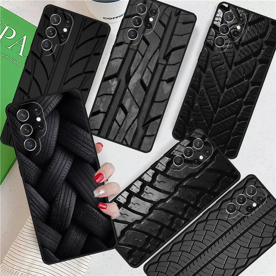 Black Tire Tyre Tread Texture For Samsung Galaxy S24 Ultra S21 S22 S8 S9 S10E Note 10 20 Plus FE S23 Phone case Cover Coque