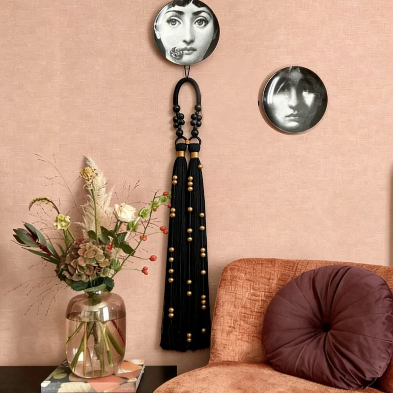 

Luxury Black Macrame Tassel Wall Hanging Handmade Woven Boho Decor with Gold Beads Modern Boho Home Accent for Living Room