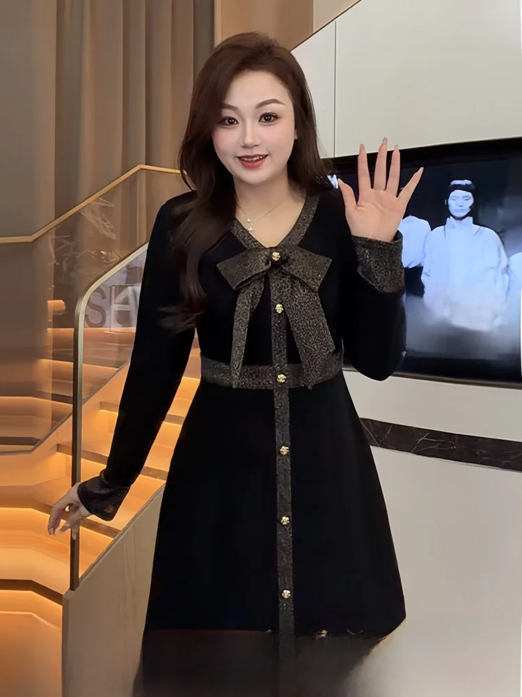 

Ele plus Size Winter Long Dr with Bow Design High Waist A-Line Skirt Polyester Fiber Thiened Fro for New Year