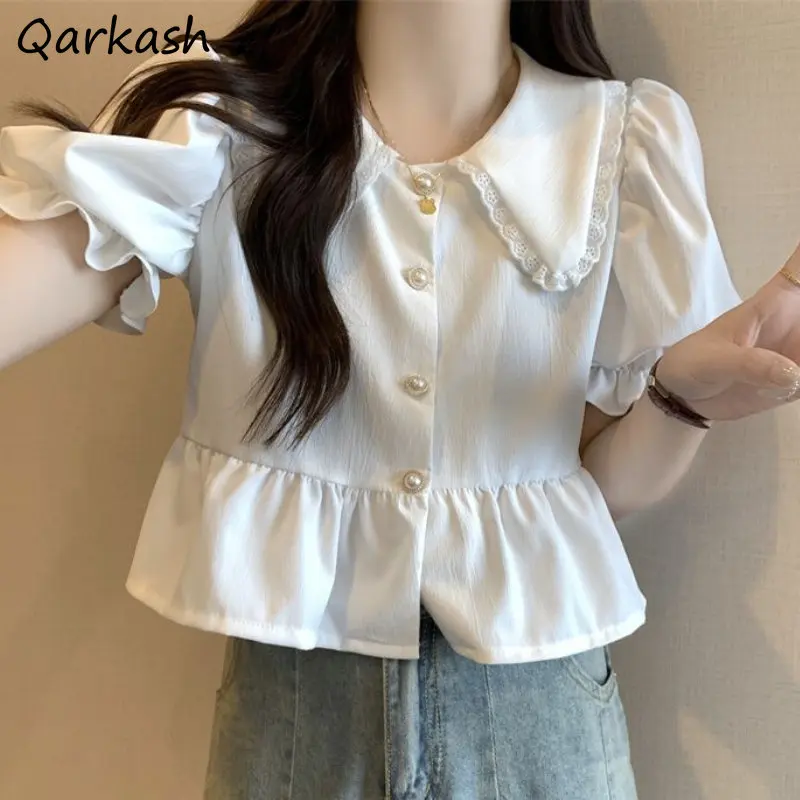 Peter Pan Collar Shirts Women Elegant Ruffles Summer Vintage Party Female Streetwear Puff Sleeve French Style Daily Aesthetic