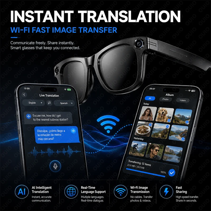 2026 8MP HD Camera Smart Glasses Photo Object Recognition 270mAh 4 GB Memory AI Translation 139+ Languages IP66 Voice Wake-up