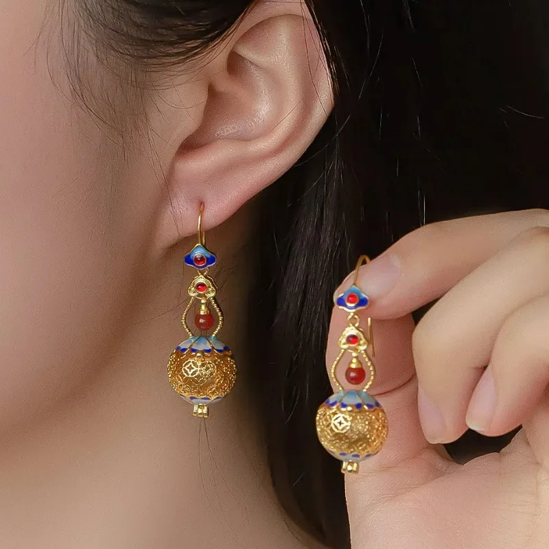 New Chinese Style Gourd Shape Dangle Earrings, Retro Ethnic Style Hollow Out Enamel Craftsmanship, Cloud Drip Oil, Red Agate Y2k