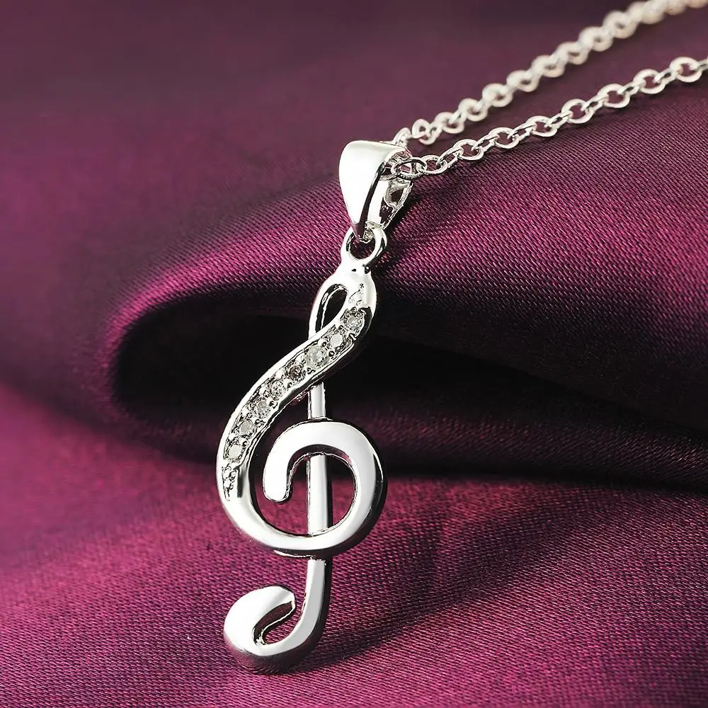 

925 Sterling Silver Necklace Jewelry Girl Favorite Christmas Gifts Creative Lovely Inlaid Stone Music Notation Pendant Chain45cm
