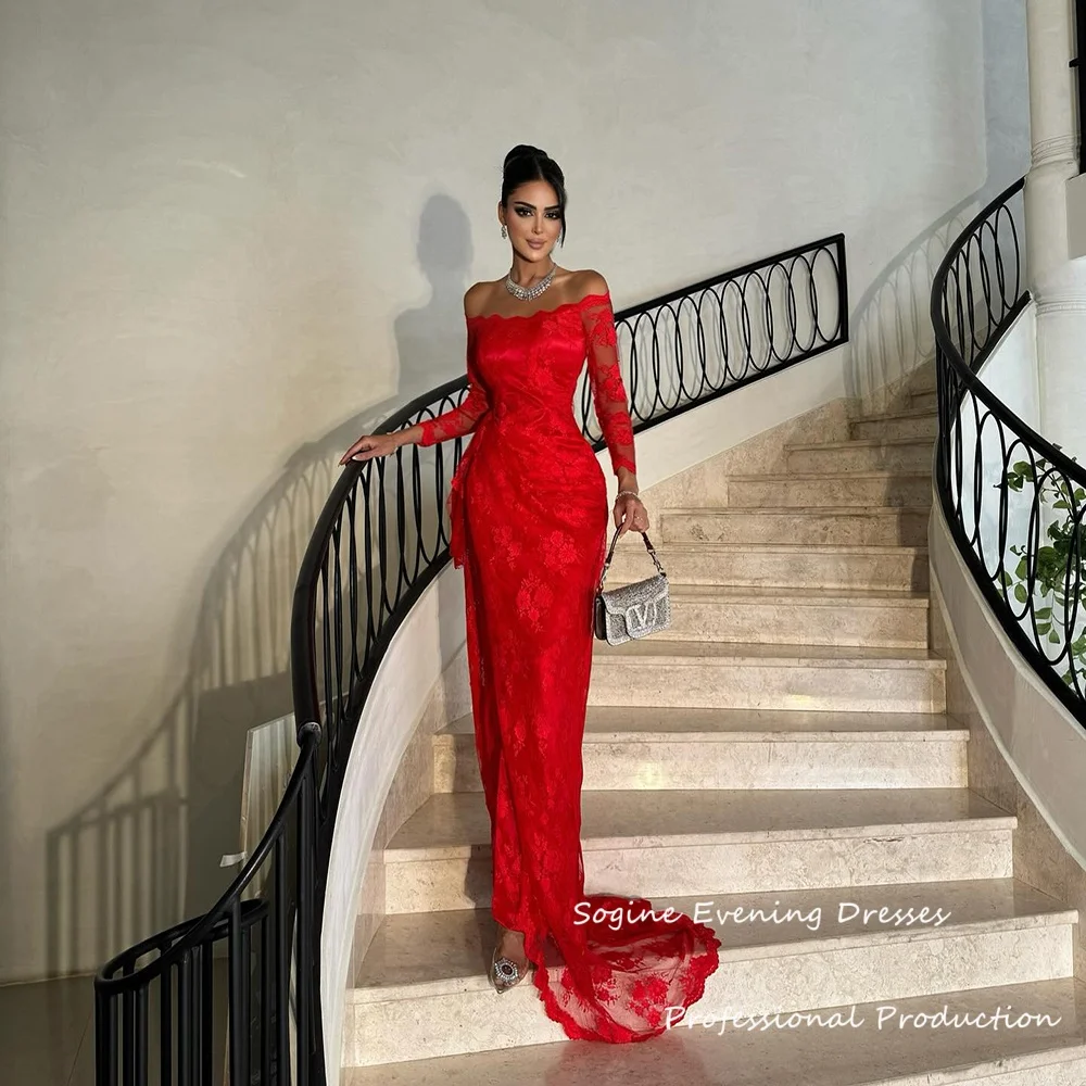 Robe de soirée personnalisée en dentelle, épaules dénudées, avec fente, manches 3/4, robe de bal pour femmes, style sirène, taille Empire, robe de Cocktail, 2025