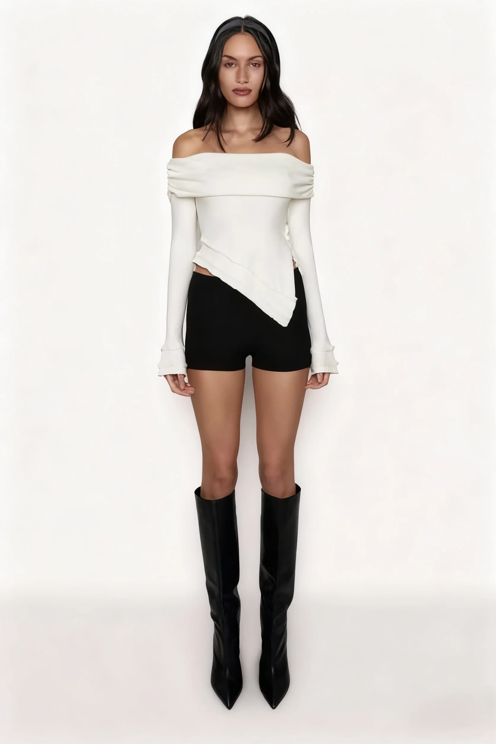 Guizi Autumn and Winter Off-Shoulder Knit Top Soft and Elastic White Sweater Fashionable Versatile Winter Wool Sweater Irregular Hem Slit Design Sexy Autumn Sweater