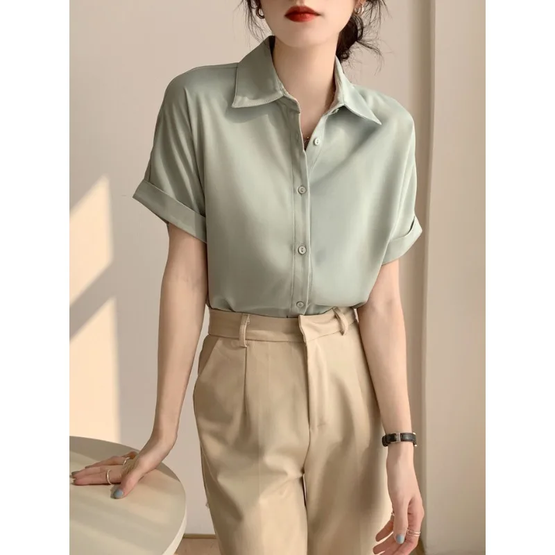 

Elegant Blouse Women Solid Short Sleeve Shirts Korean Fashion Summer Female Blouses Casual Simple Clothes Tops for Lady Trendy