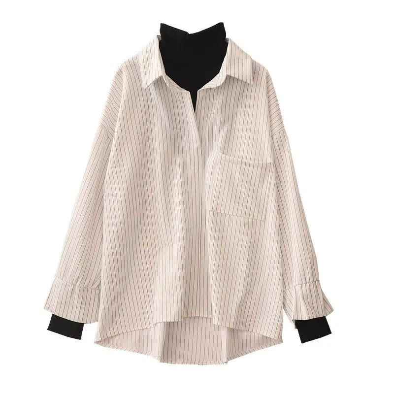 

Весна и осень 2024, новый повседневный стиль, темный свободный топ, гонконгский стиль, ретро, высокий воротник, вертикальная полосатая искусственная рубашка из двух предметов