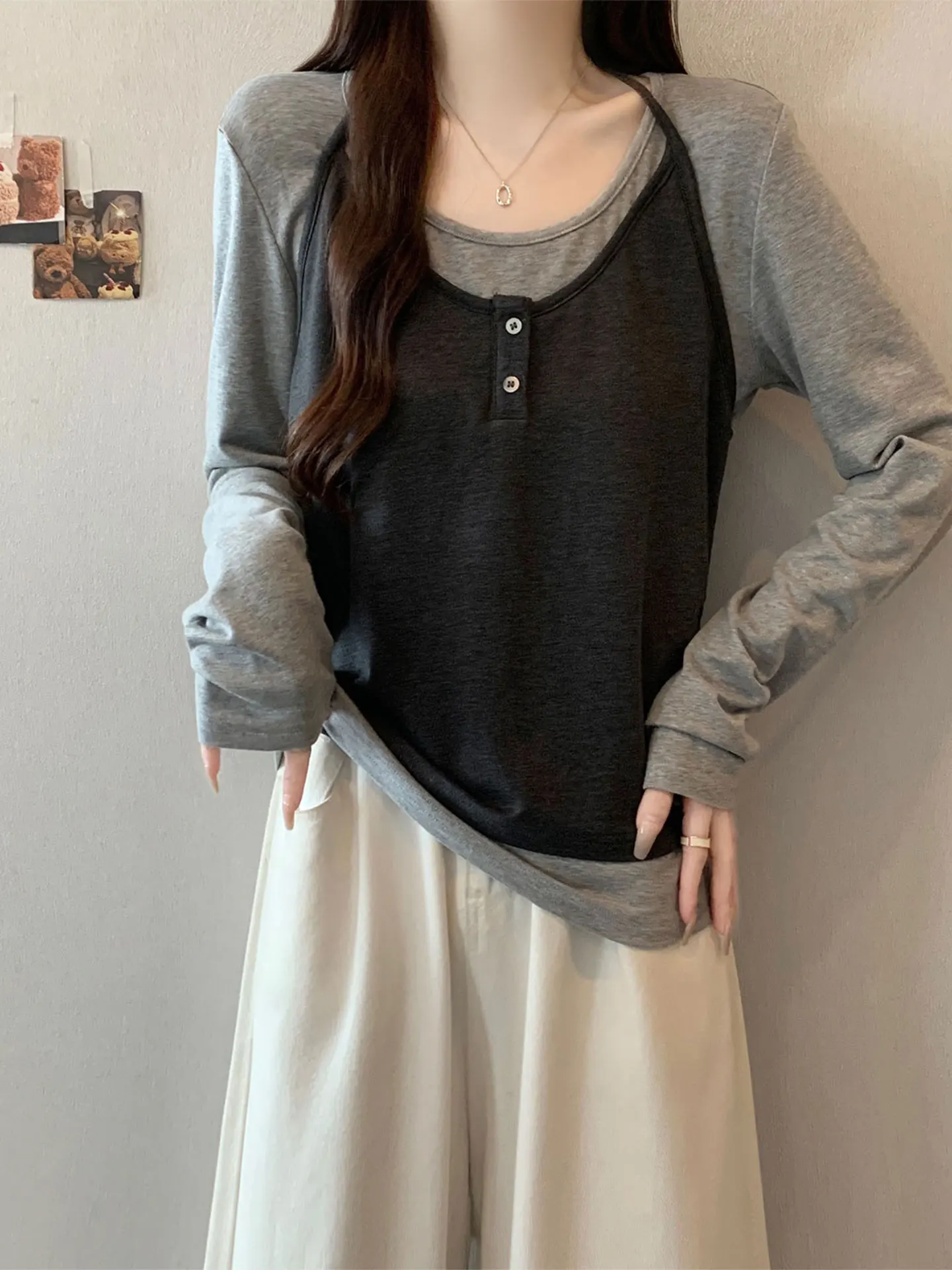 

Faionable Long Sve Ne Hanging T-irt plus Size Women's Casual Loose Fit Spring 2026 Top Bot irt Cover Belly Hide...
