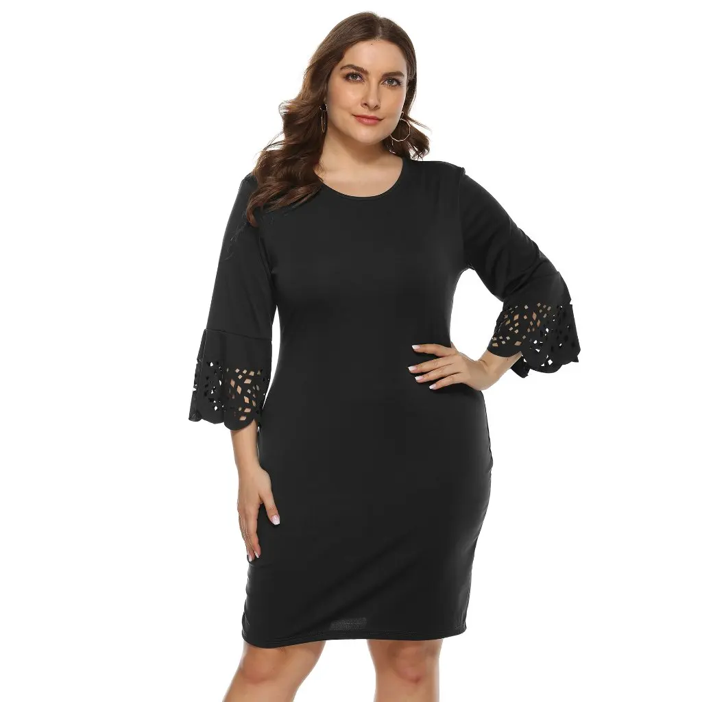 Gaun A-Line Slim Berwarna Solid dengan Motif Bunga dan Lubang-Lubang untuk Wanita Ukuran Plus Gaya Eropa dan Amerika dengan Lengan Tiga Perempat 191133
