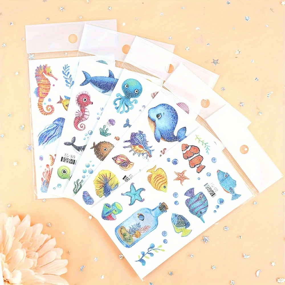 12pcs  Glitter Marine Organism Tattoo Stickers,Cartoon Temporary Tattoo for Kids,Birthday Party Favors,Shark Dolphin Party Decor